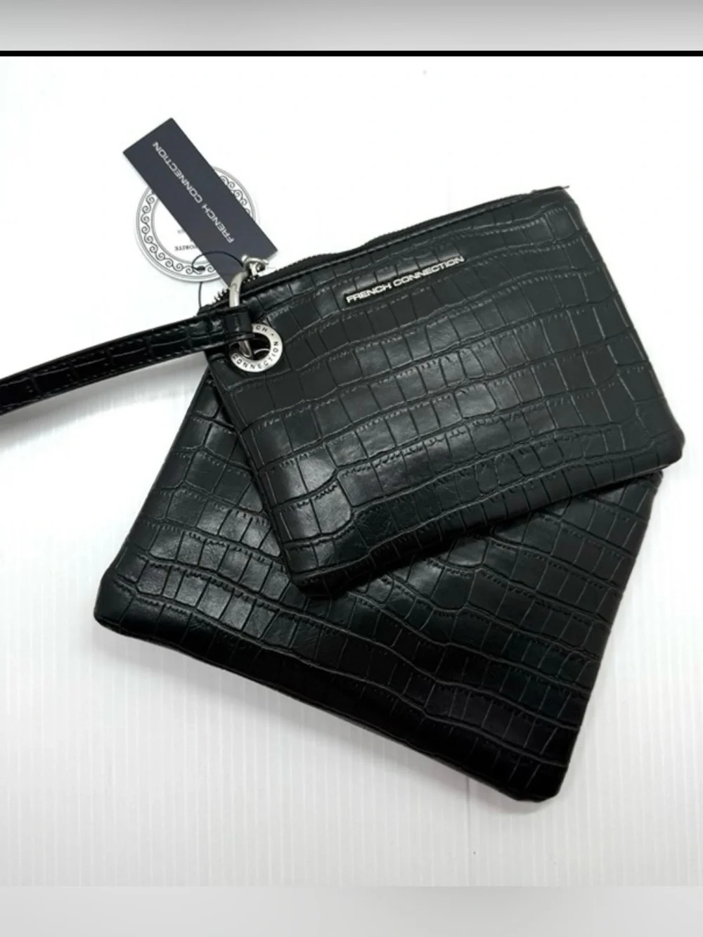 NWT FRENCH CONNECTION BLACK CROCODILE EMBOSSED DOUBLE WRISTLET CLUTCH